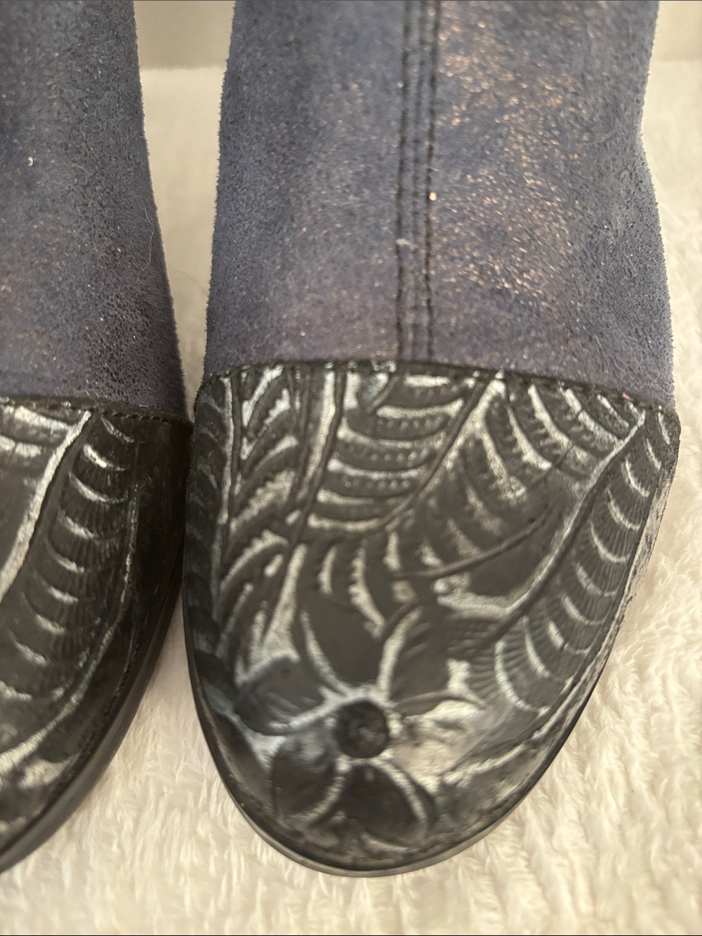 Women's Navy Suede Ankle Booties with Textured Trim - Picture 3 of 7
